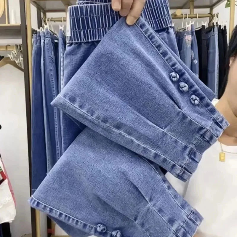 2025New Spring Autumn High Elasticity Women Jean Korean Loose Straight Ankle-Length Cowboy Pants Female Extends Denim Pants Lady