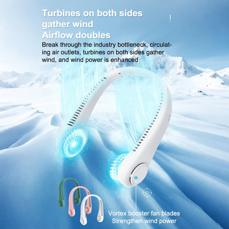Showlu Smart General 4000mAh portable neck fan with adjustable air vents, lightweight design, and blue color.