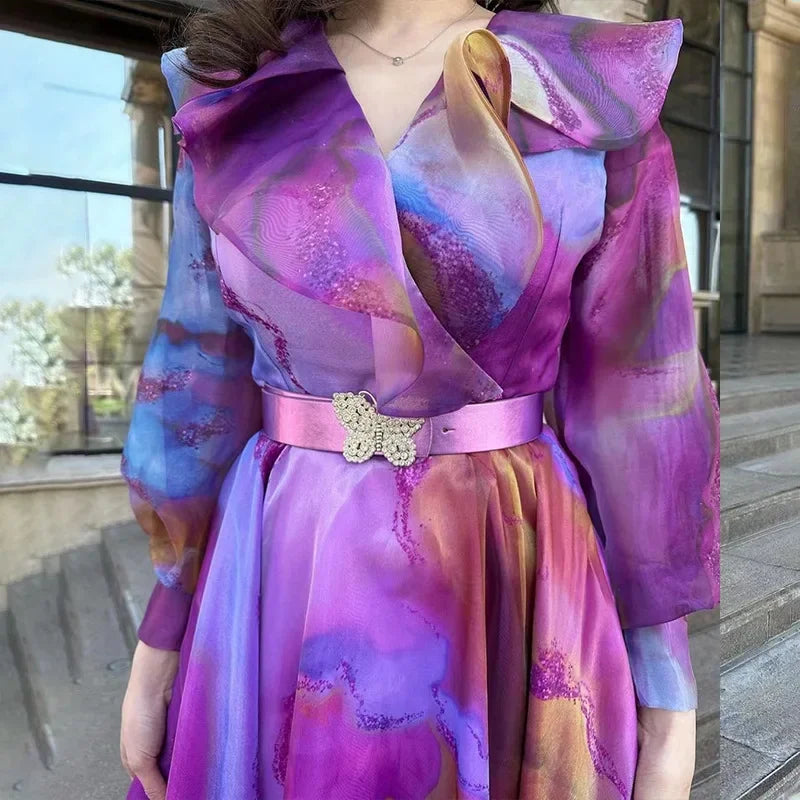 Women's PRINT A-line dress with long sleeves from SHOWLU FASHION, suitable for office wear, featuring a stylish, elegant design.