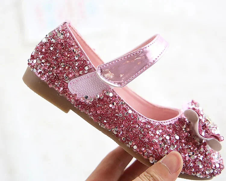 Girls' princess flats with sequins and rhinestones from SHOWLU FASHION STORE, made of soft PU leather, perfect for kids' dressy occasions.