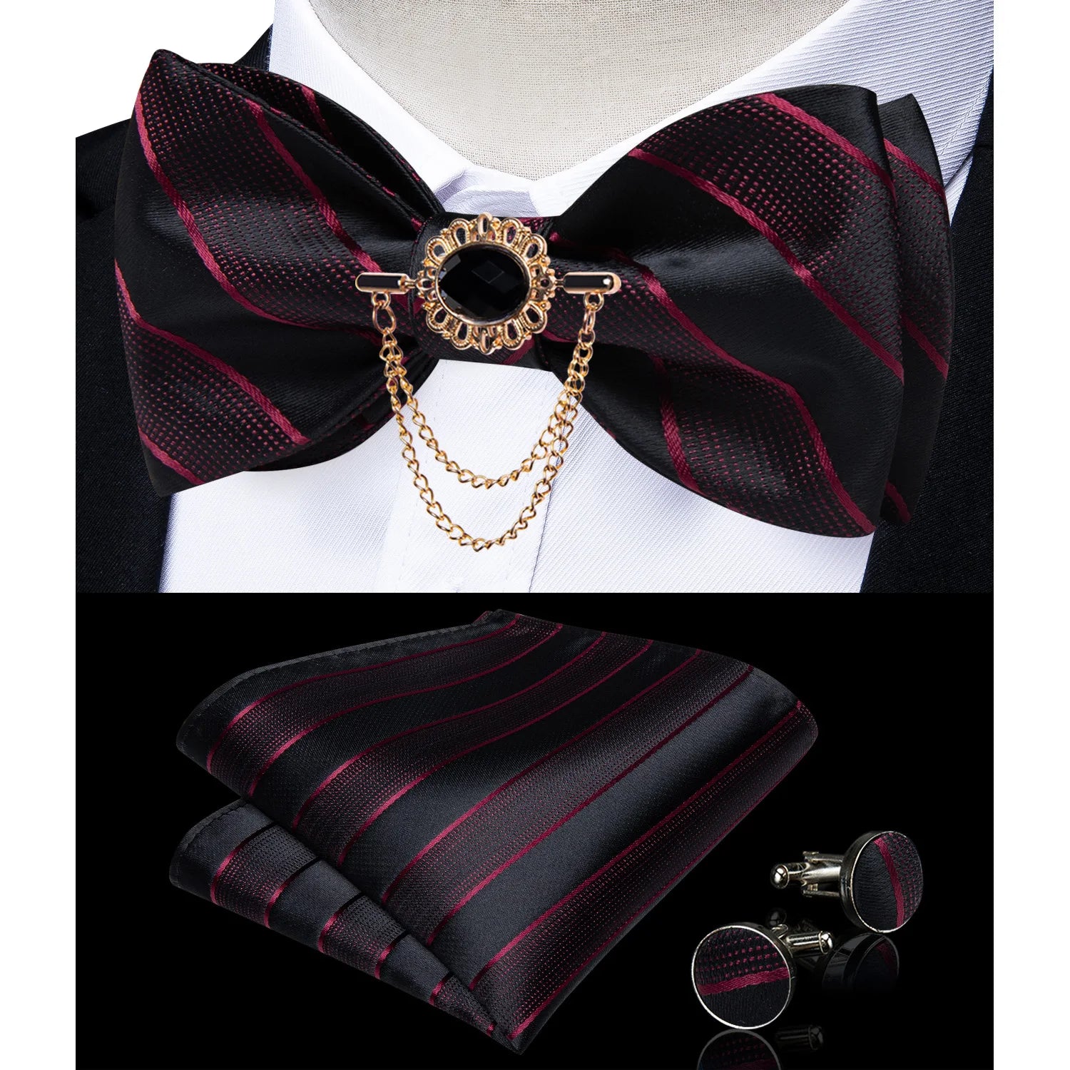 Pink solid bow tie set for men with pocket square and cufflinks, suitable for wedding or formal occasions by Showlu Fashion Store