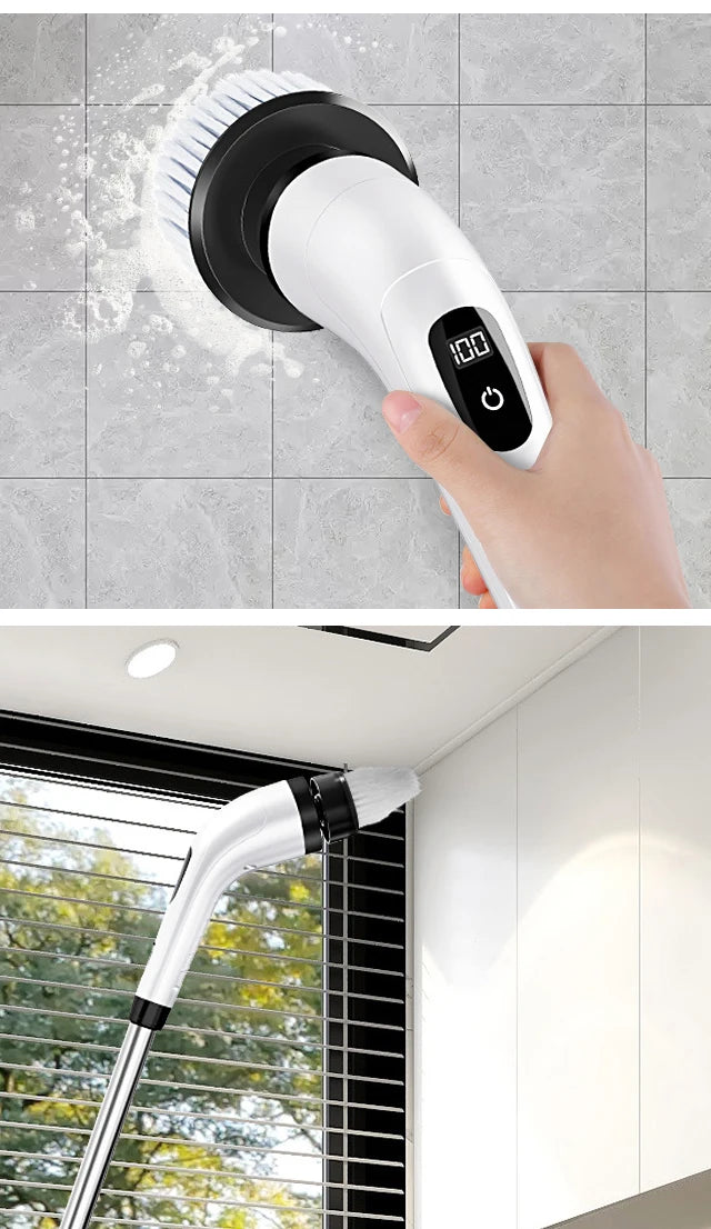 Showlu Smart General cordless electric spin scrubber with 7-in-1 cleaning brush, showing its various attachments for deep cleaning.