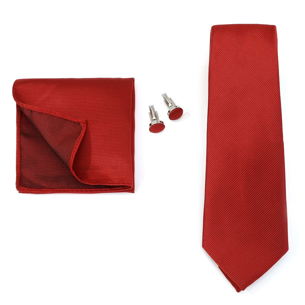 Solid color men's formal wedding necktie, jacquard woven tie with matching handkerchief and cufflinks, suitable for business and wedding attire.