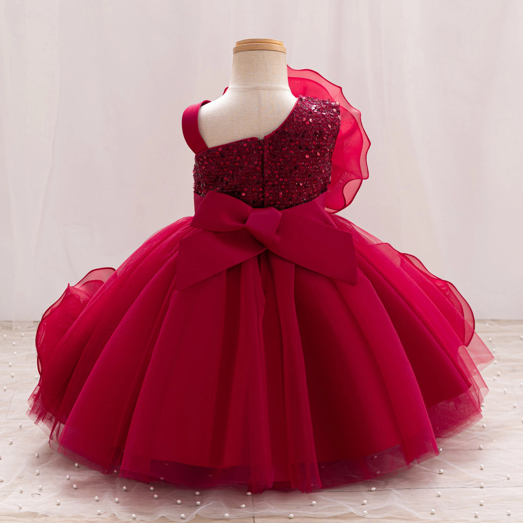 Toddler flower girl dress by Showlu Fashion Store, sparkling single shoulder birthday dress with puffy skirt for girls aged 0-6 years