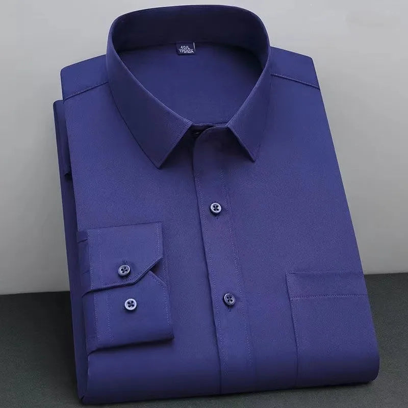 Showlu Fashion men's bamboo fiber non-iron long sleeve shirt in classic solid design, ideal for business casual wear.