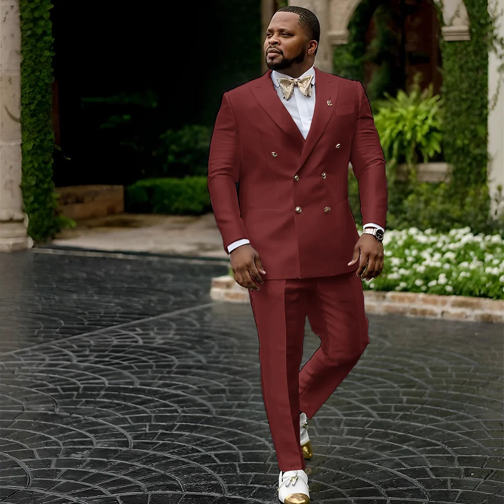 Showlu men's white satin double-breasted tuxedo, 2-piece wedding suit, featuring sleek satin lapels and tailored fit.