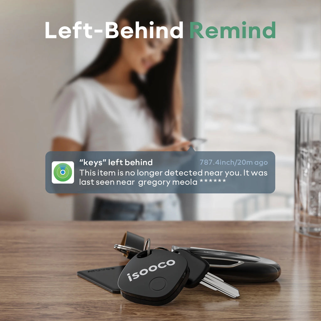 isooco Smart Key Finder by Showlu Smart, waterproof IP67 Bluetooth tracker for iOS, showing a compact keychain device.