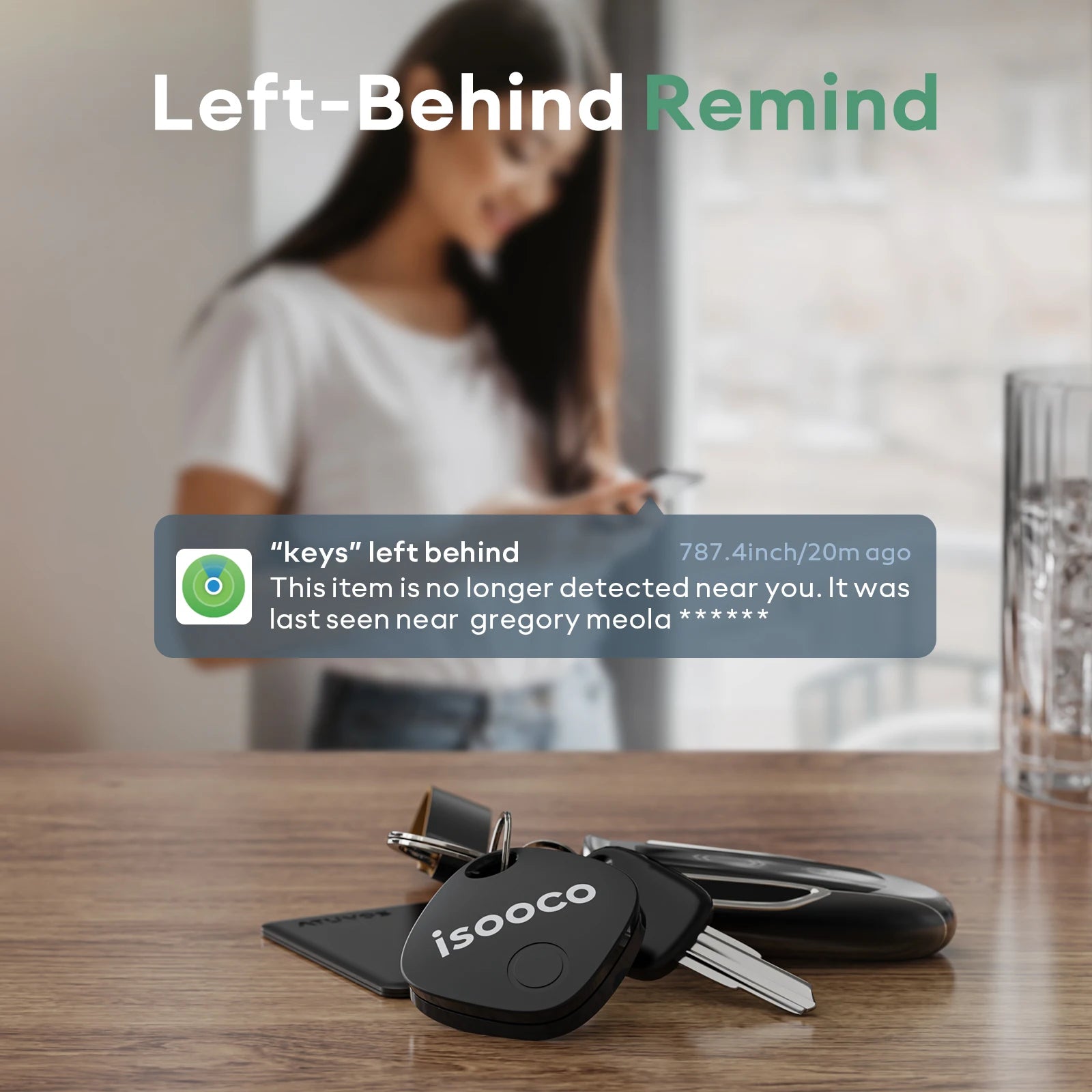 isooco Smart Key Finder by Showlu Smart, waterproof IP67 Bluetooth tracker for iOS, showing a compact keychain device.