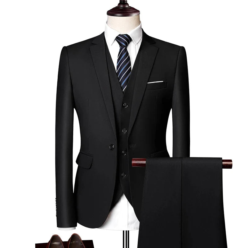 SHOWLU Men's pink three-piece wedding suit featuring a slim fit design, ideal for business casual and formal occasions.