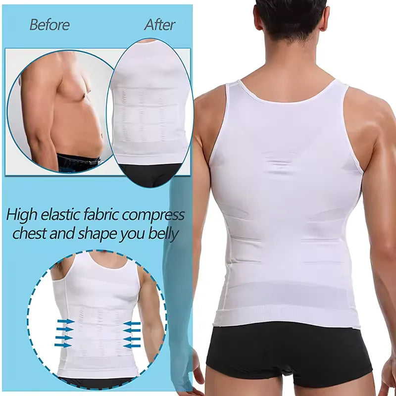 Men's compression vest by Showlu Fashion, sleeveless shapewear tank top with tummy control and slimming body shaping for workout support.