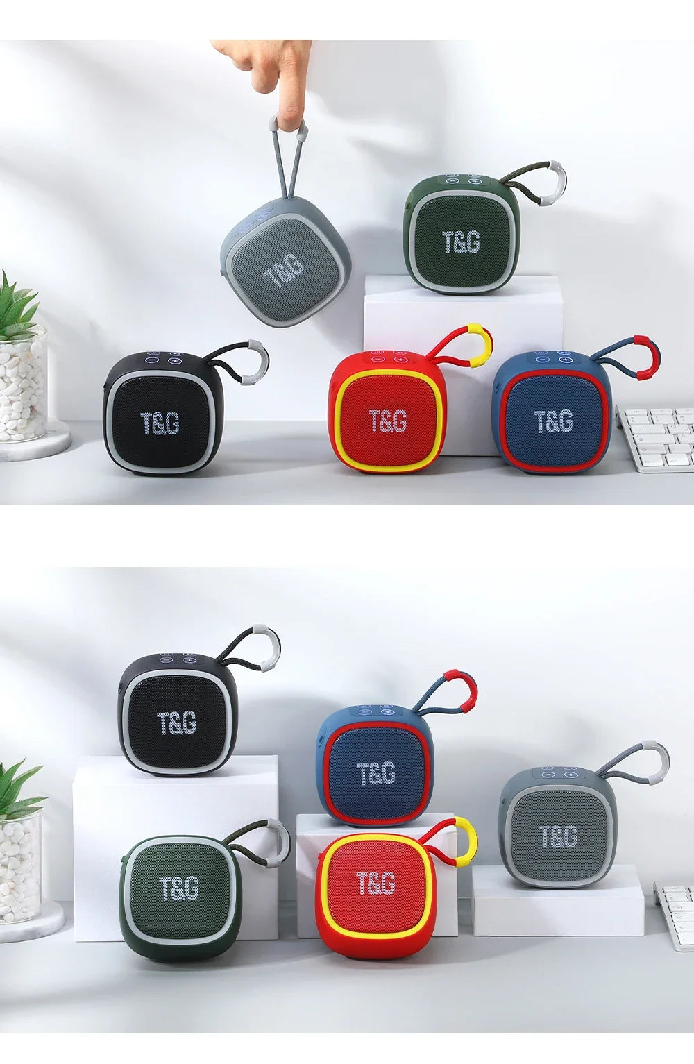 Mini Bluetooth speaker from Showlu Fashion Store, showing compact design with buttons and fabric covering for portable audio.