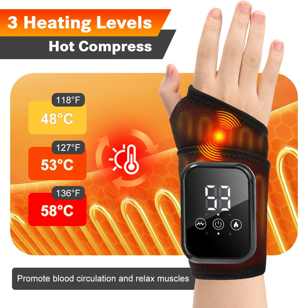 Showlu electric wrist massager with vibration, adjustable brace, and heating for carpal tunnel, fatigue, and tenosynovitis relief.