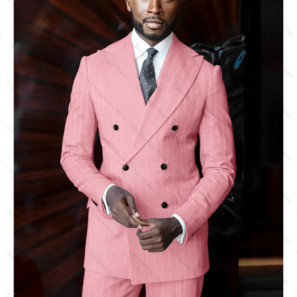 Blue pinstripe men's suit by SHOWLU FASHION STORE, double-breasted slim fit 2-piece suit with notch lapels and tailored design.