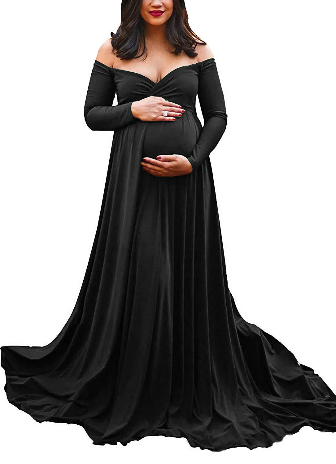 Elegant European and American women's maternity silk-cotton blend maxi dress with V-neck, train, and flared design for photoshoots.