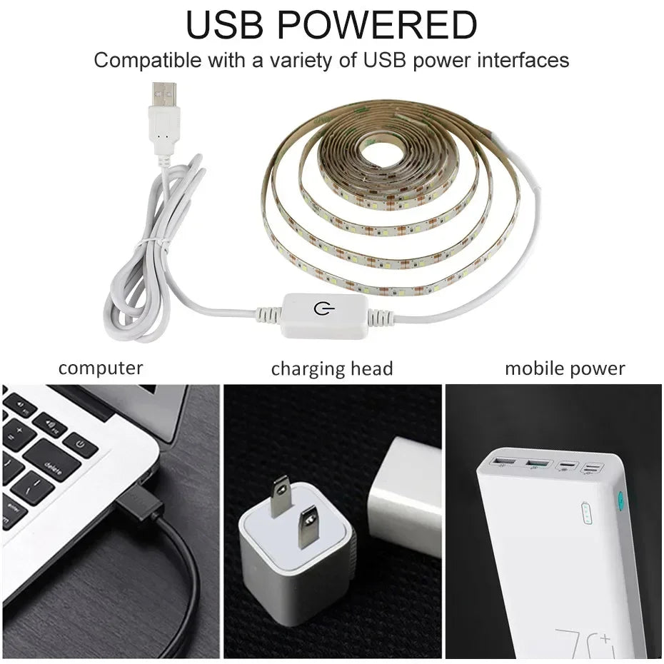 Flexible USB LED strip light in warm white from Showlu Smart General, showing the tape's flexible design and LED lights.