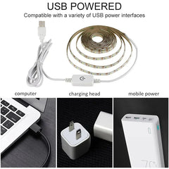 Flexible USB LED strip light in warm white from Showlu Smart General, showing the tape's flexible design and LED lights.
