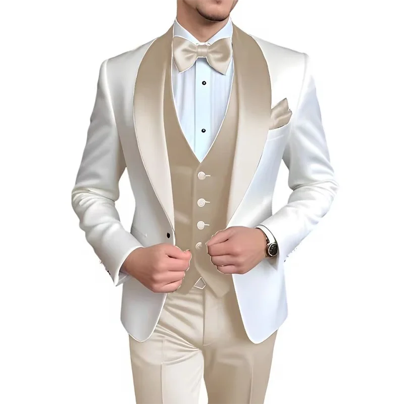 Elegant men's 3-piece blue and white tuxedo suit by Showlu Fashion, perfect for weddings, parties, and formal events.