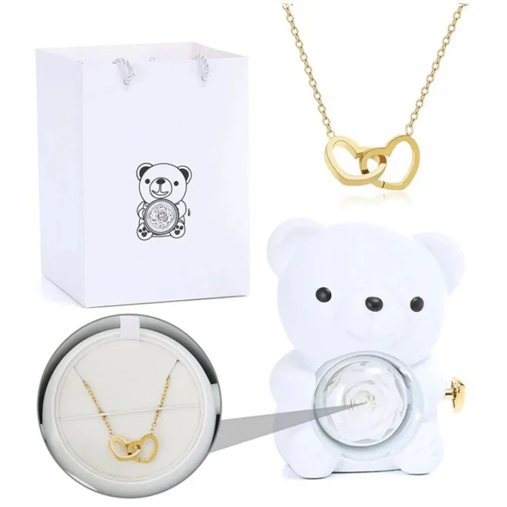 SHOWLU FASHION STORE Teddy Bear Rose jewelry box with rotating necklace display, featuring a cute teddy bear design and floral accents.