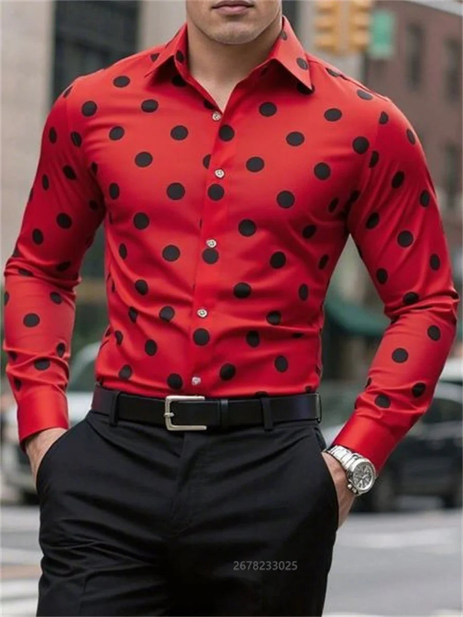 Men's long sleeve spotted lapel casual shirt by Showlu Fashion Store, featuring breathable fabric and versatile outdoor-friendly style.