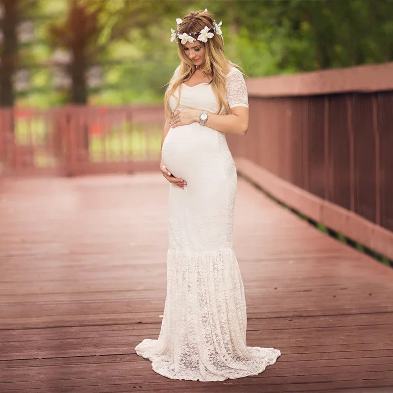 Wheat&Turtle lace mermaid maternity dress by SHOWLU FASHION STORE, featuring intricate lace details and a flowing silhouette for photos.