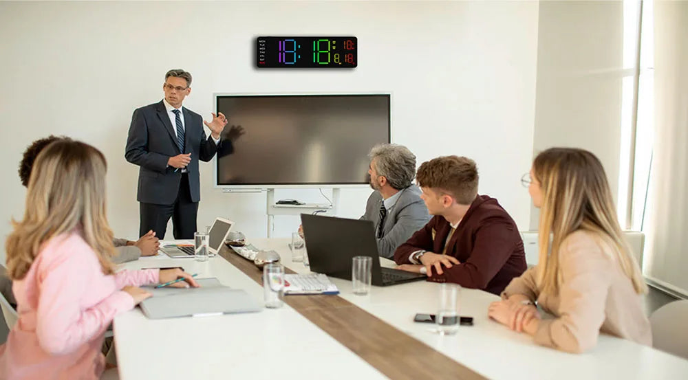 13-inch LED digital wall clock with RGB night light by Showlu Smart General, showing time display and colorful backlit lighting.