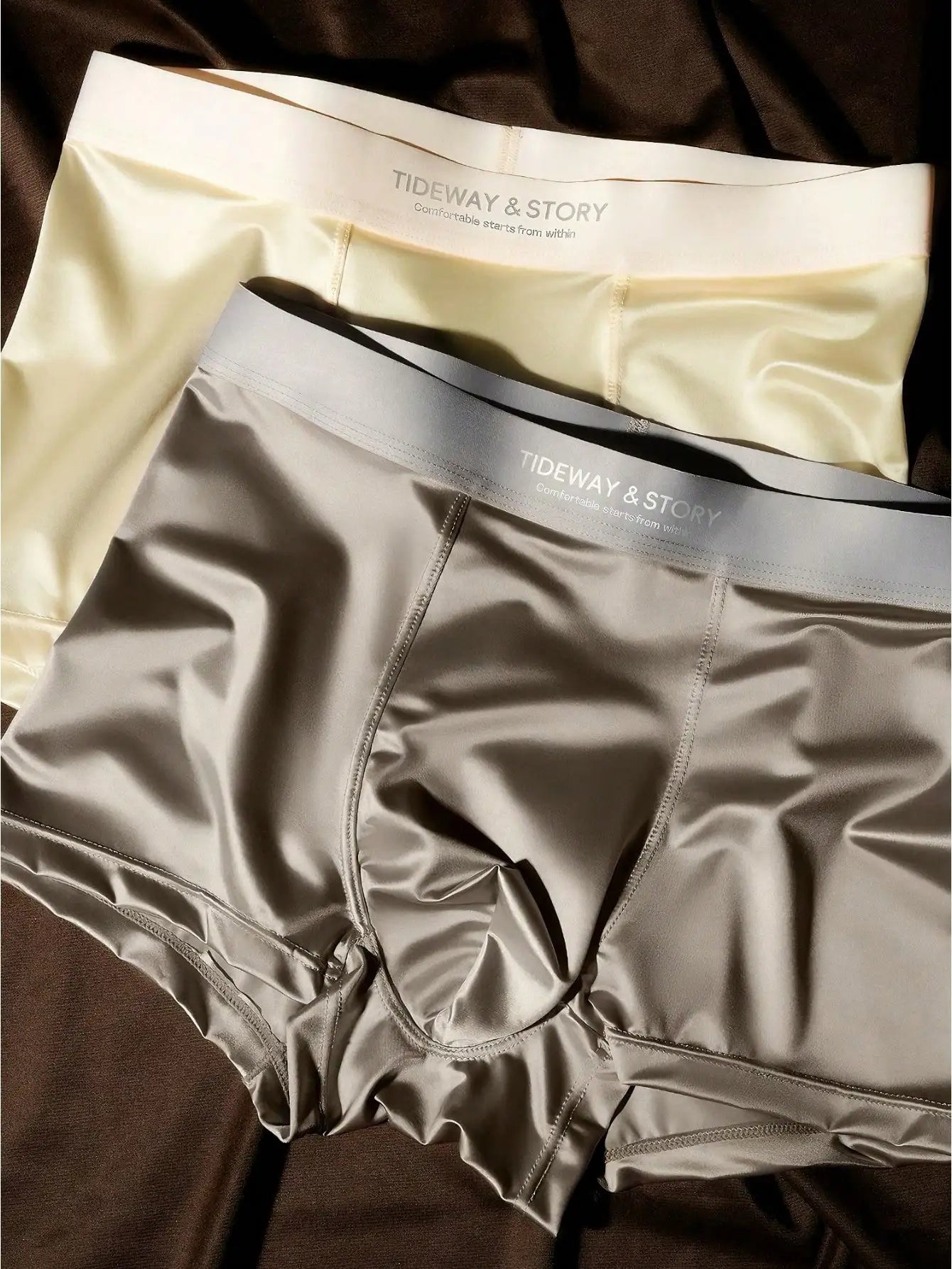 Showlu Men's Ice Silk Boxer Shorts in breathable satin stretch fabric, featuring a smooth, comfortable fit.