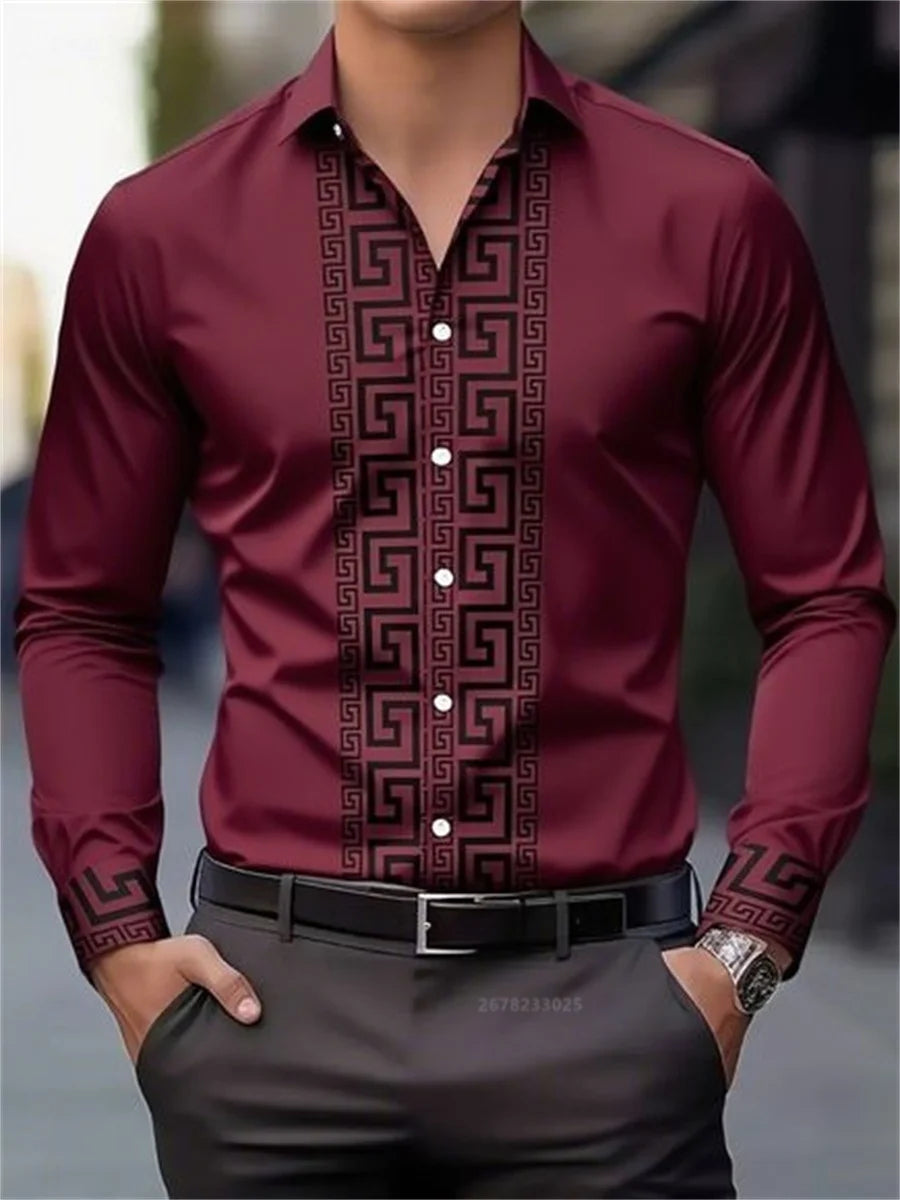 Men's patterned long-sleeved shirt with lapel collar and button-down front, stylish casual top by Showlu Fashion Store