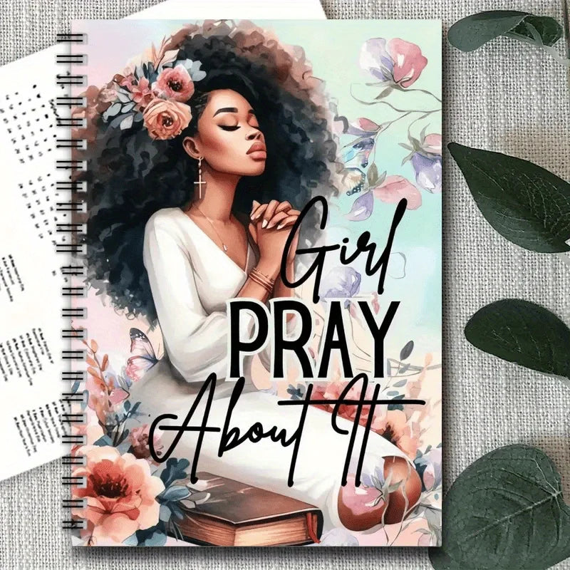 Showlu Christian daily prayer spiral notebook with personalized Bible diary cover, featuring religious symbols and a spiral binding.