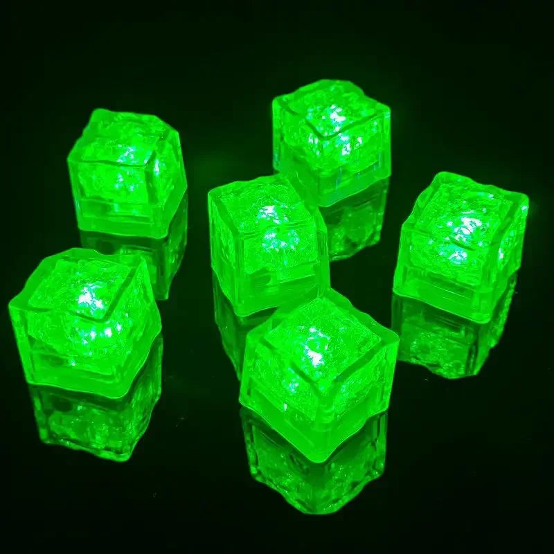 Six waterproof LED glowing ice cube lights from Showlu Smart General, liquid sensor drink mood cubes for beverages.