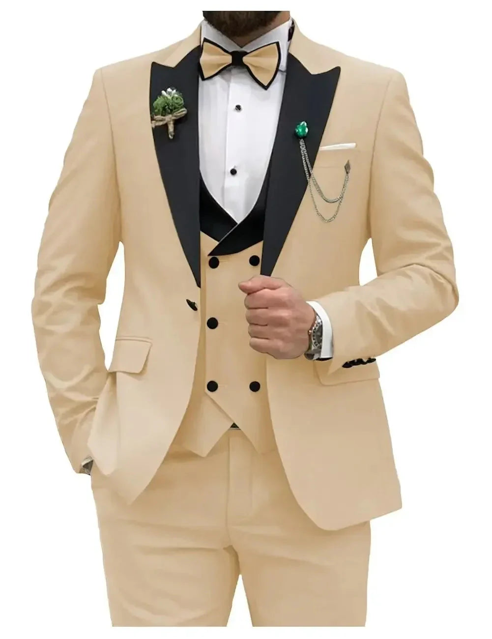 SHOWLU Men's slim fit 3-piece suit with peak lapel, including jacket, vest, and trousers for formal occasions and weddings.
