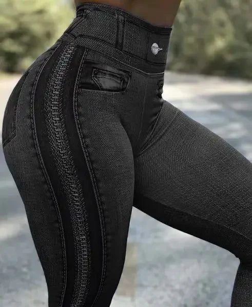 Denim look print high waist tummy control leggings for women, featuring butt lift design and slim fit for spring and summer.