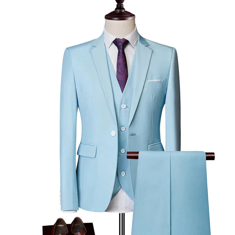 Pink 3-piece wedding suit for men by Showlu Fashion, includes jacket, vest, and trousers, perfect for formal business or wedding occasions.
