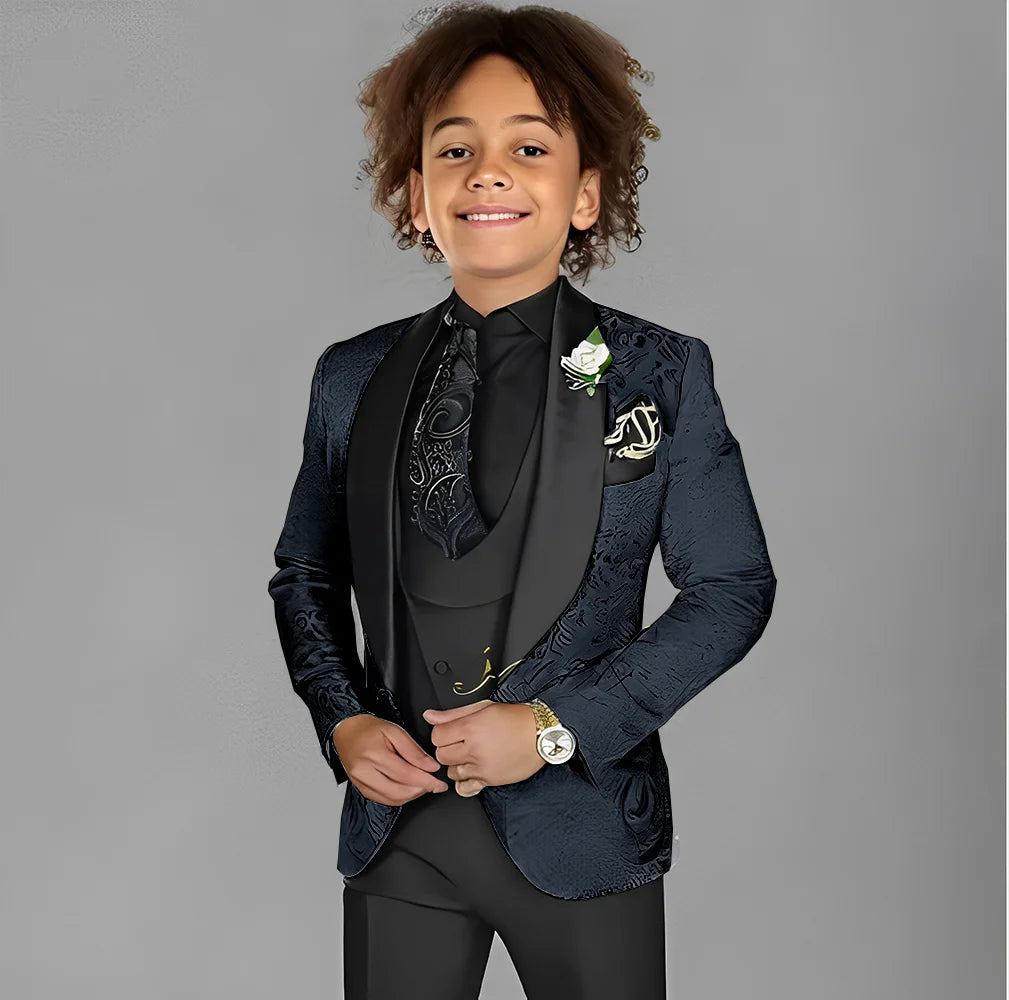 Kids' jacquard boys suit 3-piece set with tuxedo jacket, pants, and vest, formal wedding or party attire for ages 2-16.