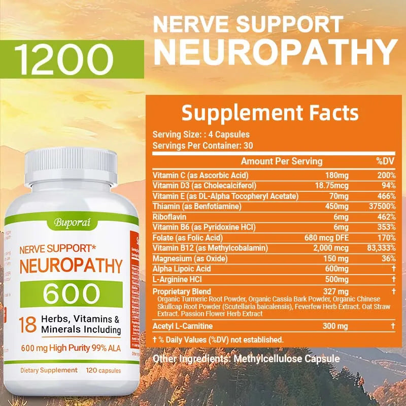 Neuropathy support supplement bottle showing 600mg antioxidant formula for nerve health, energy, and anti-aging benefits.