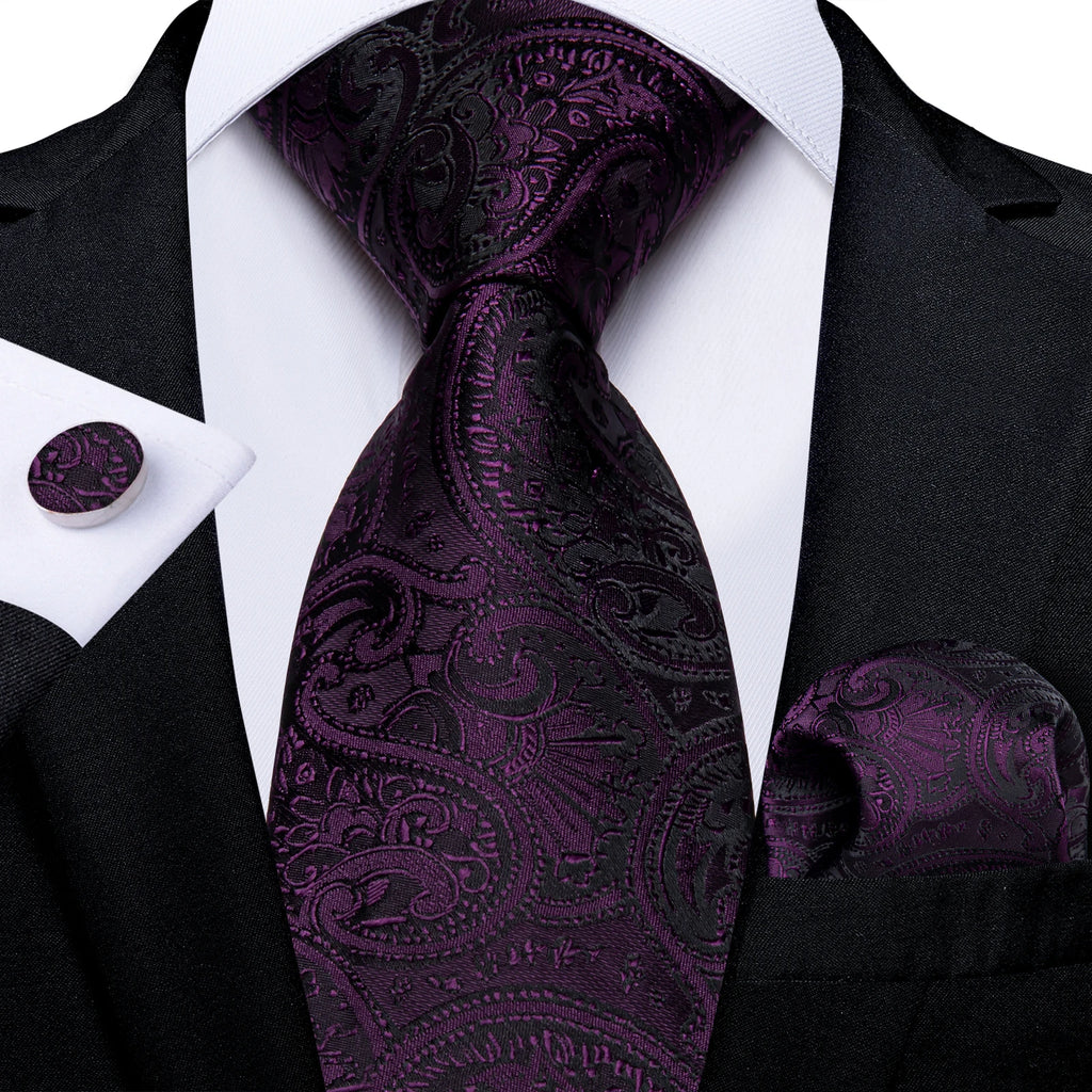 DiBanGu Ties For Men Purple Floral Paisley Necktie Business Formal 100% Silk Tie Pocket Square Set For Wedding Party Cravat