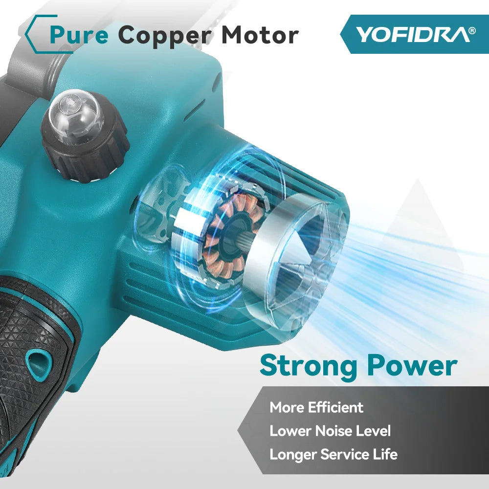 Showlu Smart General Yofidra 6-inch electric chainsaw with a black and silver design, featuring a compact blade and safety switch.