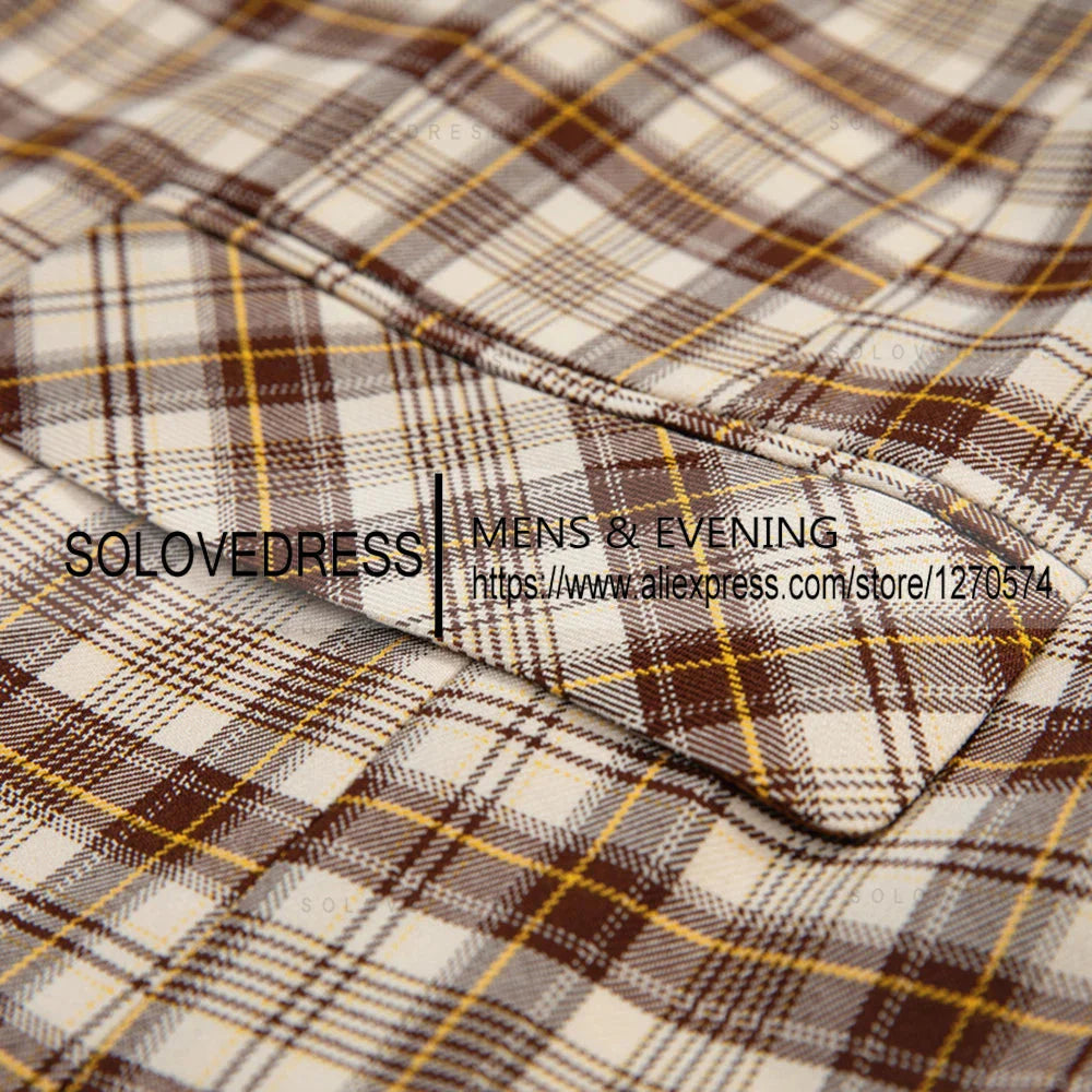Men's 3-piece checkered slim fit wedding suit by Showlu Fashion, featuring blazer, vest, and pants in a stylish design.