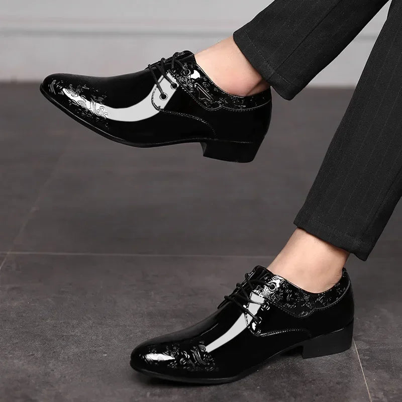 Men's black patent leather Oxford shoes with pointed toe, formal wedding derbies from Showlu Fashion Store.