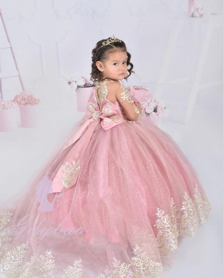Elegant ivory flower girl dress by Showlu Fashion Store with appliques, floor-length, perfect for weddings, parties, and first communions.