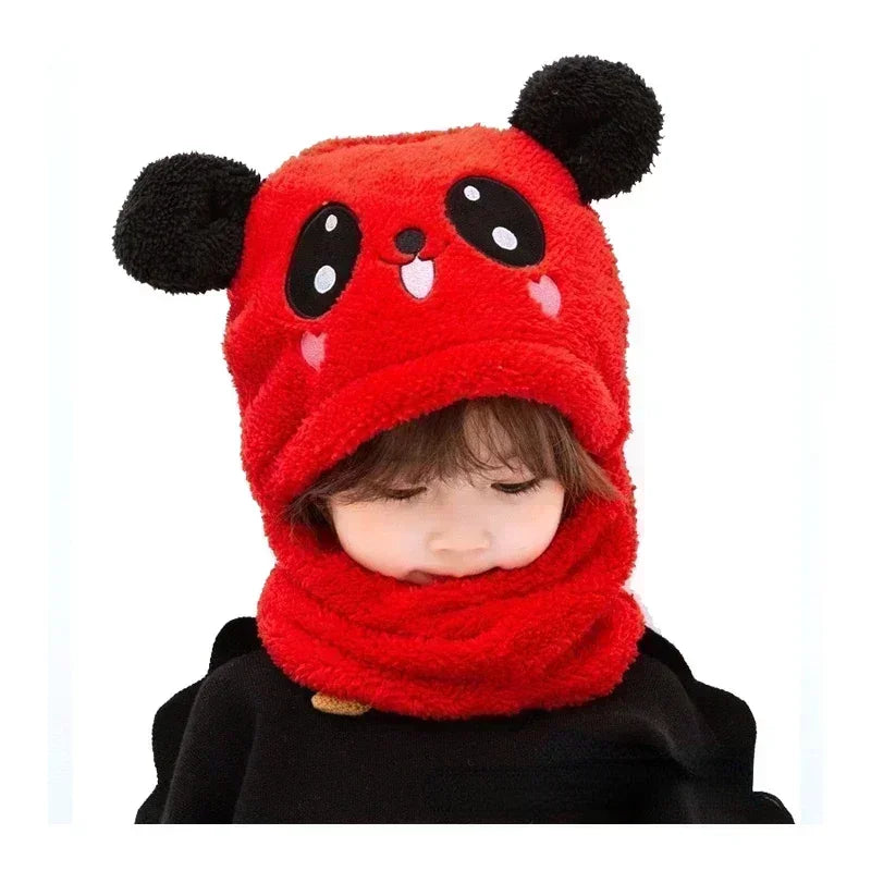 Kids' cartoon winter hat with fleece lining, thick scarf, and colorful design, suitable for girls and boys aged 1-18 years.