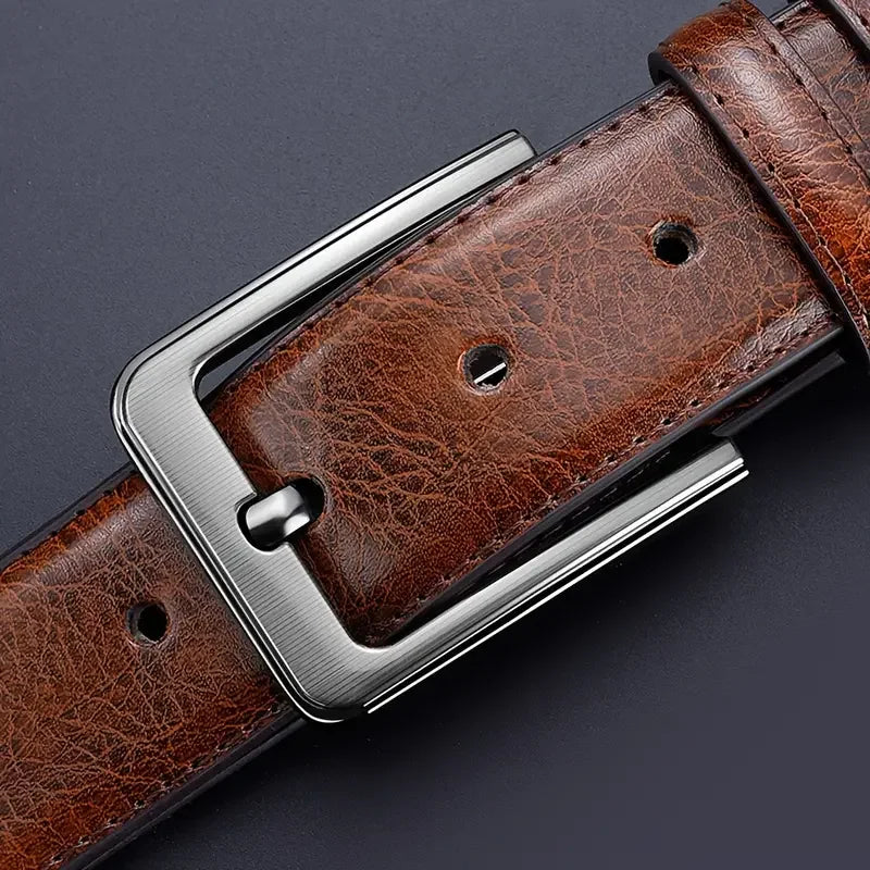 Genuine cowskin leather belt for men with casual business buckle, showing detailed dark brown leather and classic design.