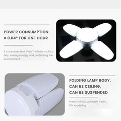 An adjustable ceiling lamp with four foldable LED panels shown in open and closed positions.