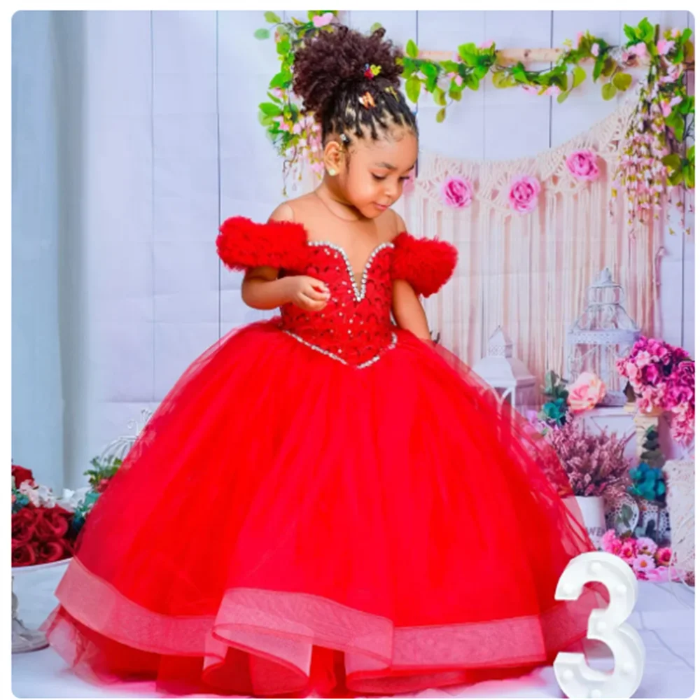 Red flower girl dress by SHOWLU FASHION STORE featuring tulle ruffles and a ball gown style for weddings.