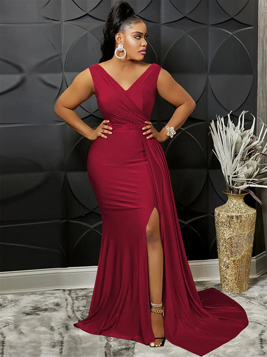 V-Neck Sleeveless Slit Dress High Waisted Slim Fit Backless Solid Color Women Party Formal Gown Elegant Banquet Evening Dress
