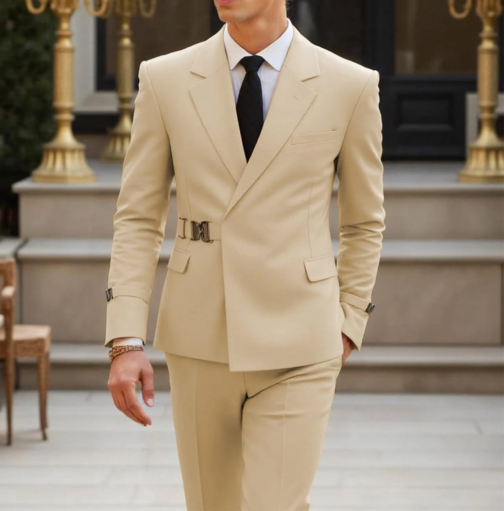 Men's slim fit business casual tuxedo suit with metal clasp, stylish 2-piece suit for formal and professional occasions