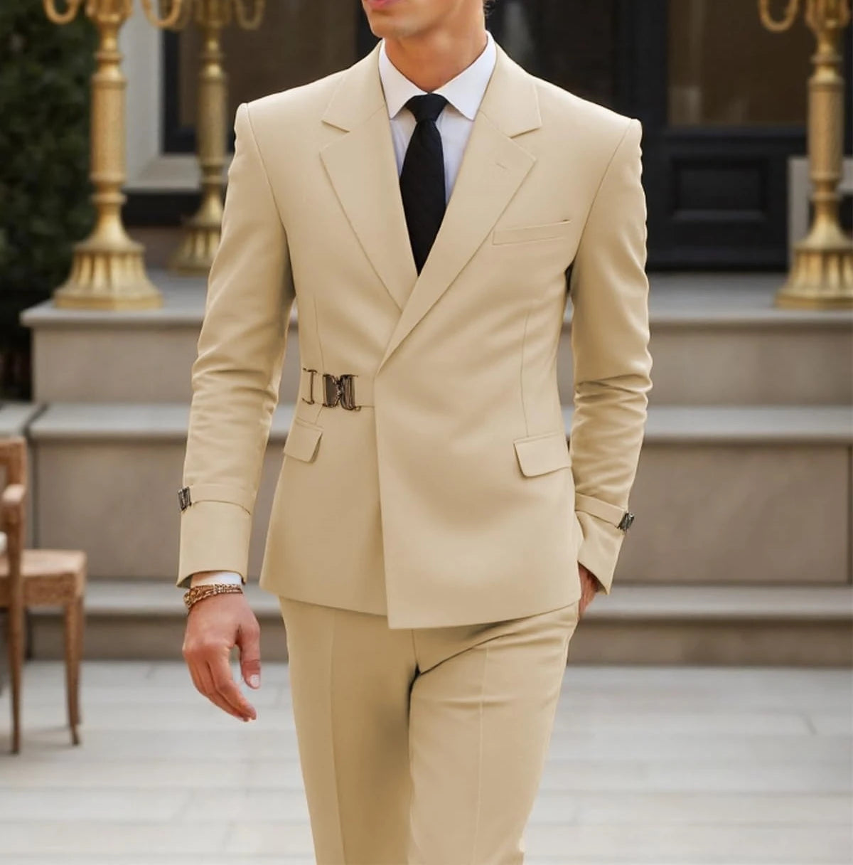 Men's slim fit business casual tuxedo suit with metal clasp, stylish 2-piece suit for formal and professional occasions