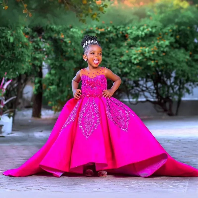 Fuchsia flower girl dress with beaded lace satin fabric, perfect for birthday parties, from SHOWLU FASHION STORE.