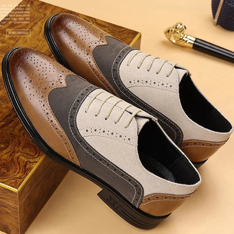 Men's leather shoes in British style, formal and casual fashion, featuring comfortable design and large size, shown in black leather.