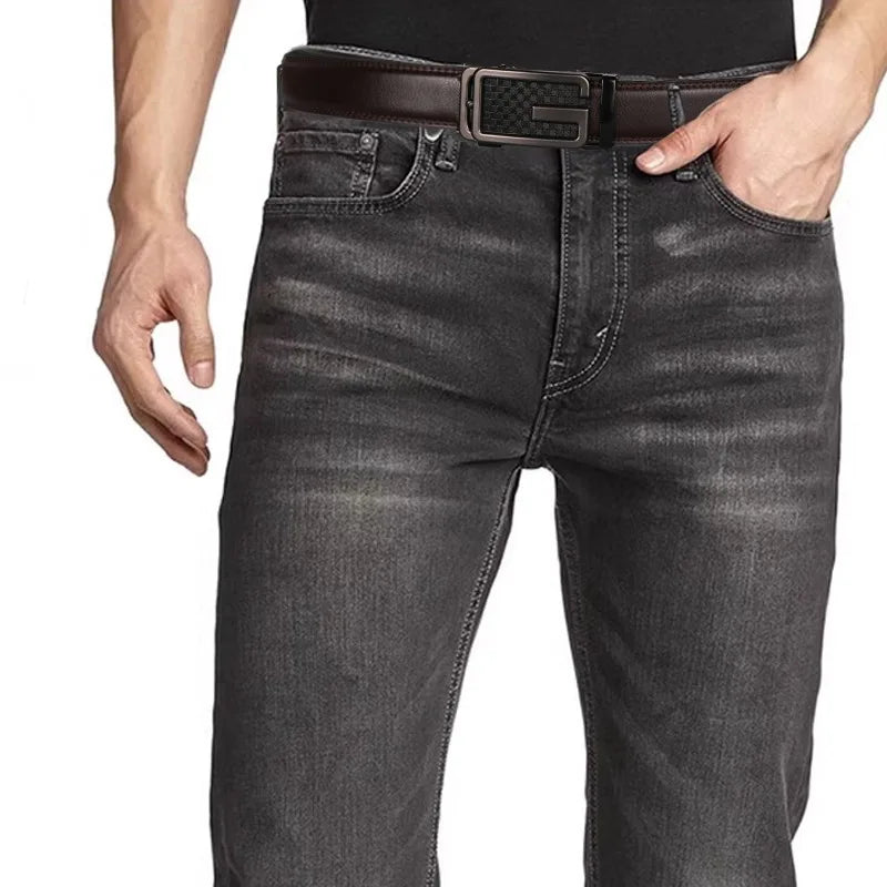 Men's leather belt by Showlu Fashion Store with micro-adjustable buckle, perfect for dressing up and versatile outfit options.