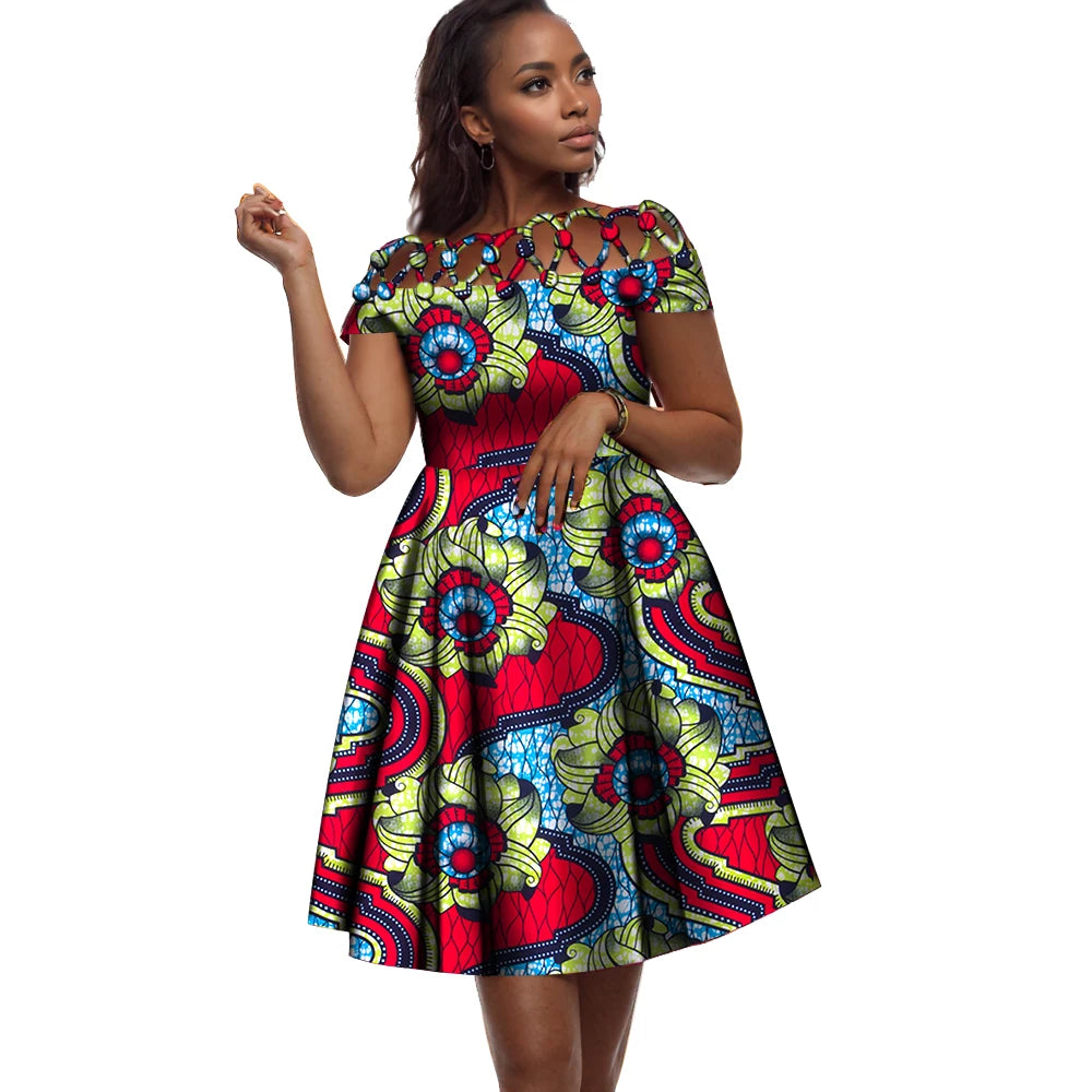 BintaRealWax African Dresses for Women Cotton Rope Weaving Collar African Print Wax Clothing Knee-Length Lady Dress WY335